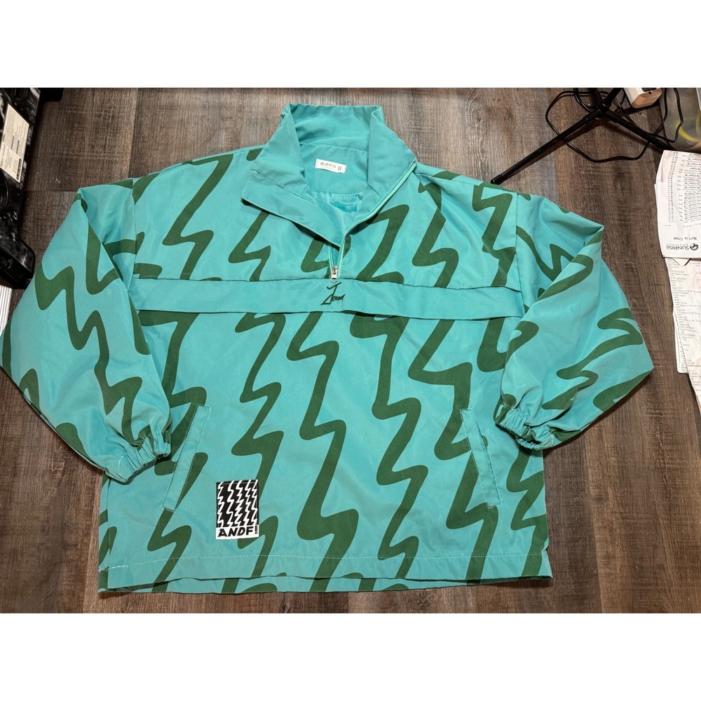 Teal Green Abstract Wavy Quarter Zip Windbreaker Jacket Streetwear Pullover L